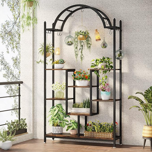 Tribesigns 5-Tier Tall Indoor Plant Stand, 74.8'' Arched Metal Flower Shelf with Hanging Hooks, Large Bonsai Pots Display Rack for Indoor, Balcony, Living Room