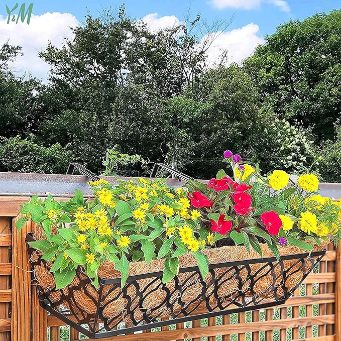 Y&M 24-Inch Window Planter Box 2Pcs Iron Deck Railing With Coco Liner, Metal Horse Troughs for Outdoor Balcony Rail Fence Porch Patio