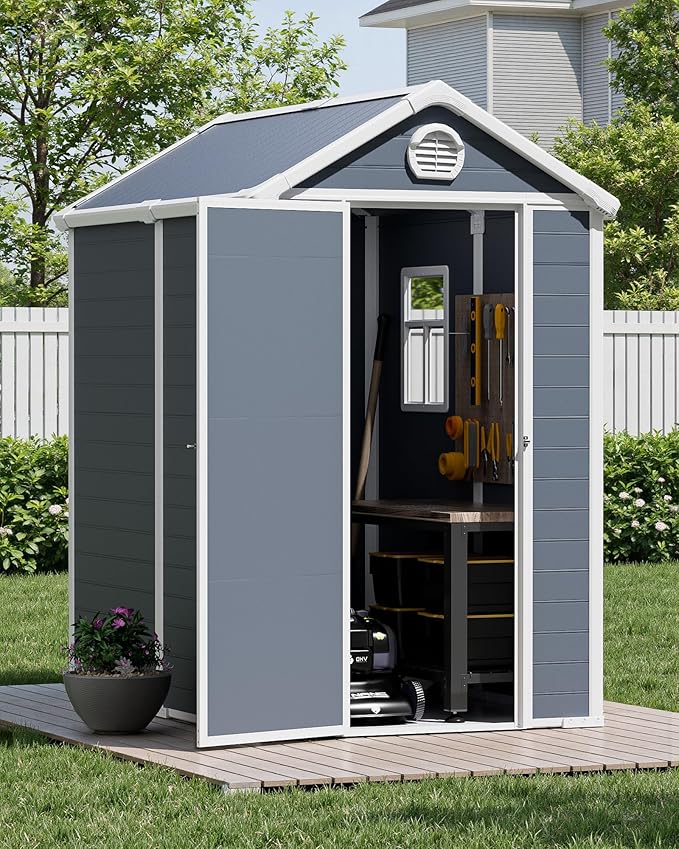 6x4.5 Large Outdoor Storage Shed with Floor, Spacious Tool Shed for Lawn Mower, Bike, and Patio Furniture, Includes Lockable Door and Ventilation, Dark Gray