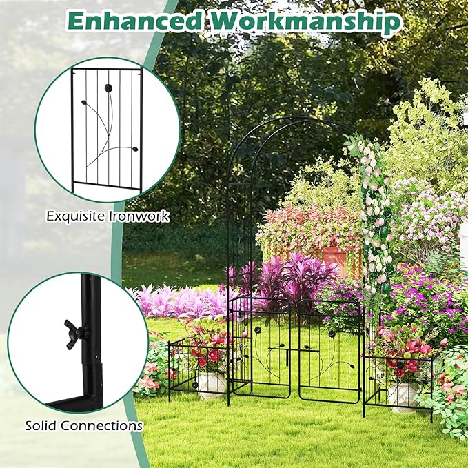 Giantex Garden Arch with Planter - 86 inch Metal Garden Arbor with Gate, Arch Trellis for Climbing Plants Rose, Wedding Archway Pergola for Lawn Patio Bridal Party Decoration