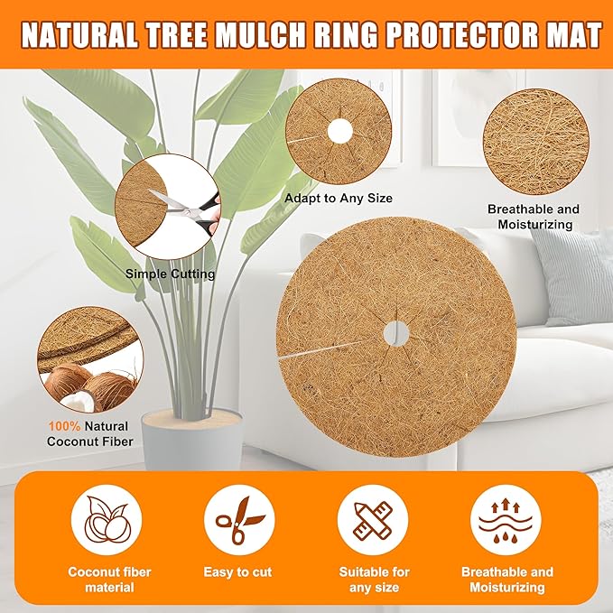 24 Inch Coconut Fiber Mulch Ring, 6 Pcs Tree Protector Mats, Coco Coir Mulch Mat Tree Guards, Plants Disc Soil Cover for Landscaping and Indoor Outdoor Gardening Pot
