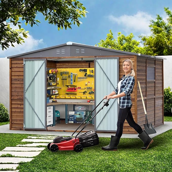 8x10 FT Outdoor Wood Storage Shed, Garden Tool Shed with Windows, Outside Storage Shed Waterproof for Backyard, Patio, Garden, 4 Vents (Without Floor) Wood Color