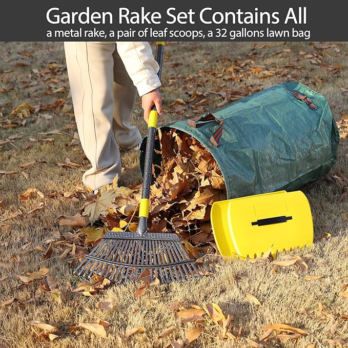 Rake for Leaves, 25 Tines 18" Wide Metal Rake with 32 Gallon Lawn and Leaf Bags & Leaf Scoops for Garden Adult Kids Lawn Shrub Yard Landscape Heavy Duty Long Handle 30-60