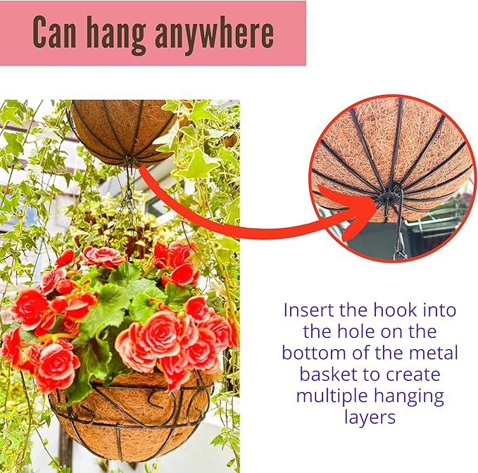LaLaGreen Hanging Planter for Outdoor Plants (16 Inch, 2 Pack) Hanging Baskets with Coco Liner, Black Metal Wire Flower Basket Pots with Hook Hanger Balcony Porch Farmhouse Country Style Garden Decor