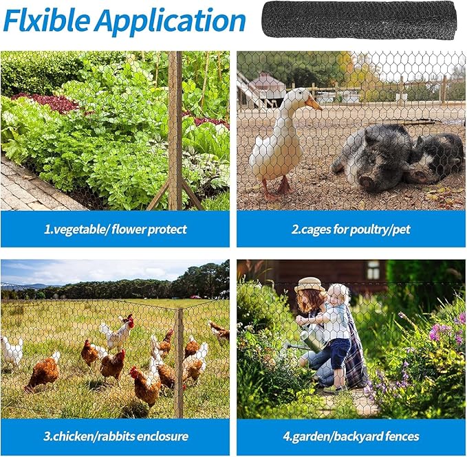 48'' x 50' Black Chicken Wire Fencing, 1 inch Chicken Wire and 20 Gauge Poultry Netting, Garden Mesh Fence Roll for Floral Arrangements/Crafts/Farm/Livestock/Pet Protection