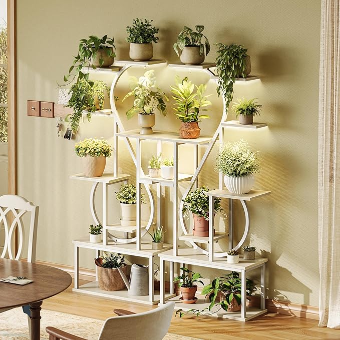 PRAISUN 65 Inch Plant Stand with Grow Light, 9 Tiered Indoor Plant Shelf with Larger Flower Holder, Music Note-shaped Stand with Top Ring Hook , Corner Plant Rack for Living Room, White