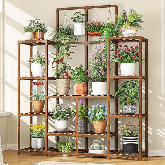 EnHomee Plant Stand Indoor Wood Plant Stand Outdoor Tiered Plant Shelf for Multiple 16-21 Potted Plants for Living Room Patio Balcony Yard Garden 44.9" W x 11.8" D x 62.2" H