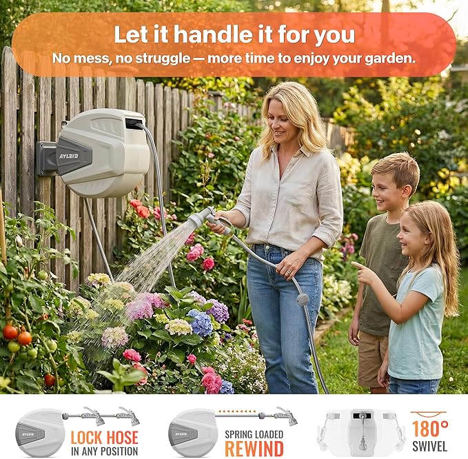 Ayleid Retractable Garden Hose Reel,1/2 in x 100 ft Wall Mounted Hose Reel, with 9- Function Sprayer Nozzle, Any Length Lock/Slow Return System/Wall Mounted/180°Swivel Bracket (Grey)
