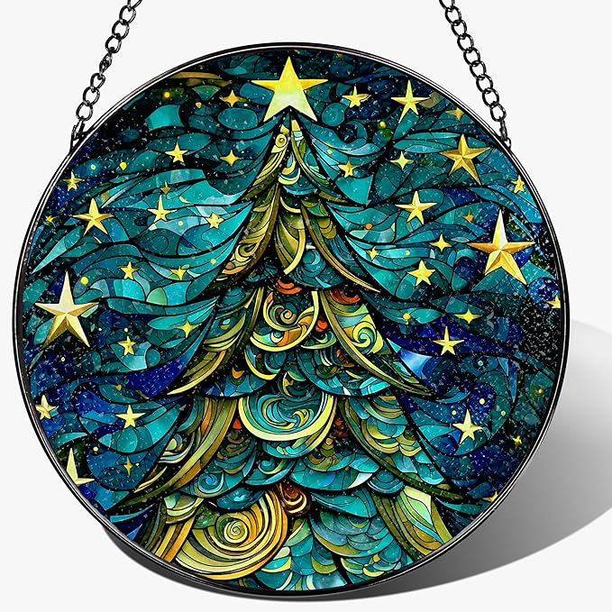 8-Inch Christmas Tree Suncatcher Ornament, Stained Glass Window Hanging & Stained Glass Holiday Ornament, Sun Catcher Window Decor — Keepsake Gift for Family, Coworkers & Friends, Gifts for Christmas