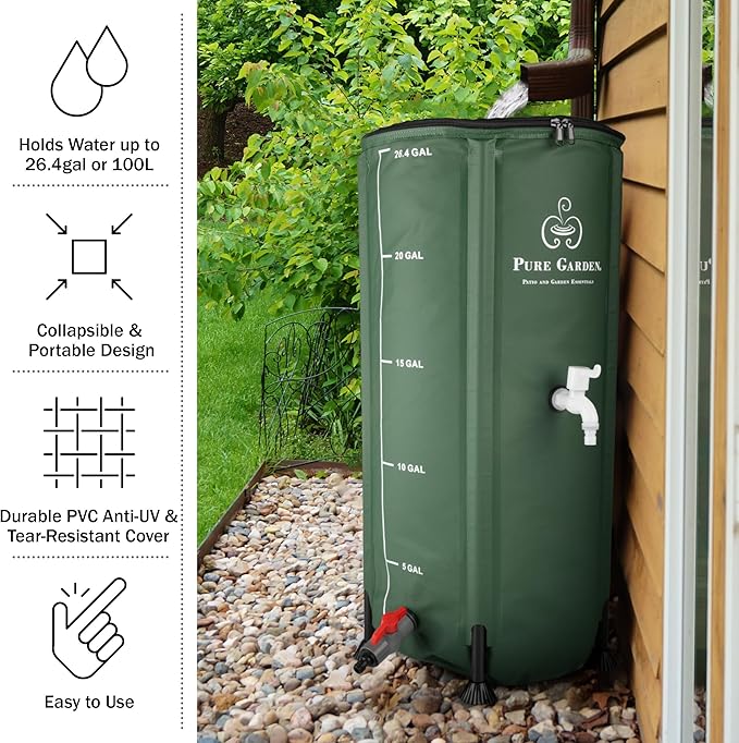 Rain Barrel - 26.4-Gallon/100-Liter Collapsible Water Container for Catching Rainwater - Portable Water Tank with Spigot by Pure Garden (Green