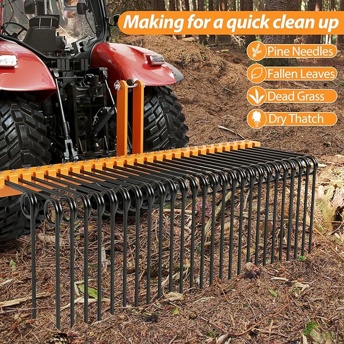 72 Inch Pine Straw Needle Rake, 3 Point Landscape Rake, Powder Coated Steel Spring Tow Behind Rakes, Tractor Attachments for Leaves Straw Grass Attach to Cat 0 Cat 1, Orange