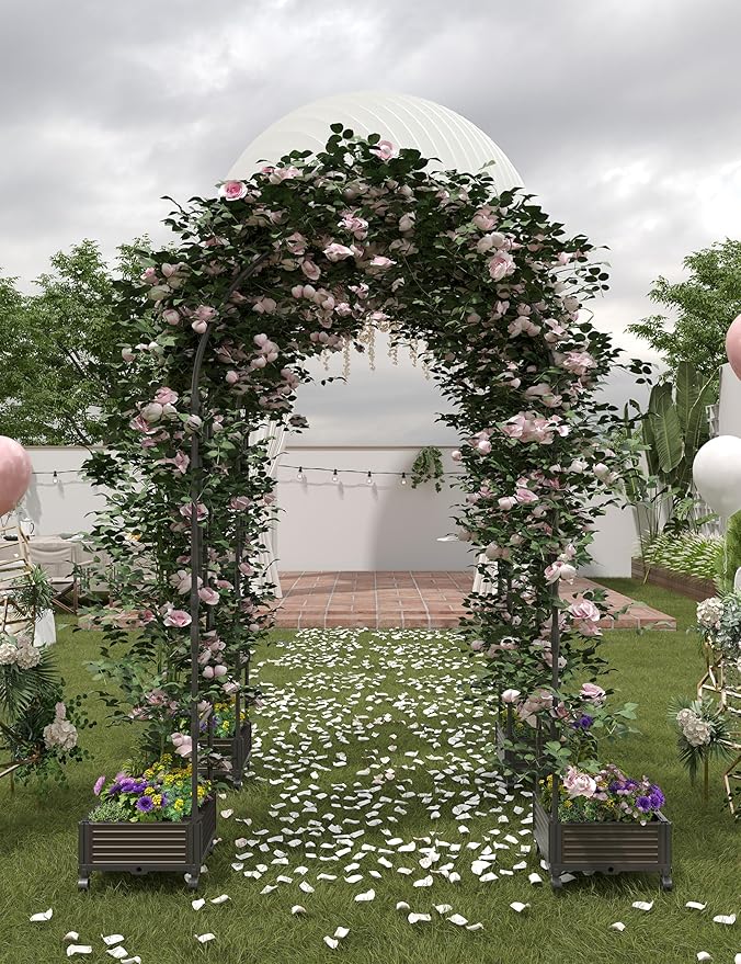 94.5 Inch Garden Arch Trellis with 2 Planter Boxes for Climbing Plants, PE Coated Metal Wedding Arch Arbor with Planter Box for Outdoor Decor, Party Backdrop & Flower Support