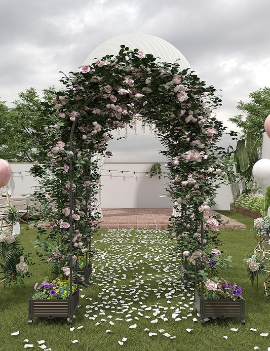 94.5 Inch Garden Arch Trellis with 2 Planter Boxes for Climbing Plants, PE Coated Metal Wedding Arch Arbor with Planter Box for Outdoor Decor, Party Backdrop & Flower Support