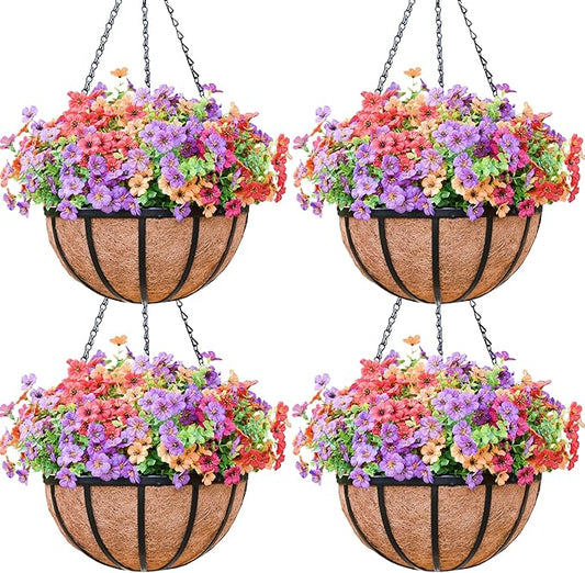 4pcs 16 inch Metal Hanging Baskets Round Wire Plant Stand with Coco Lining Cushion Decorative Planter Hanger Garden Indoor Outdoor Watering Hanging Basket （BT）