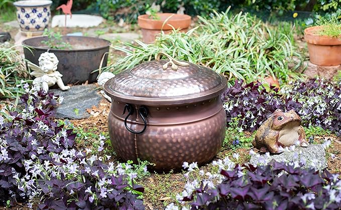 BIRDROCK HOME Water Hose Holder with Lid | Ground Garden Hose Pot | Decorative | Handle | Embossed | Steel Metal with Copper Accents | Outdoor or Indoor Use