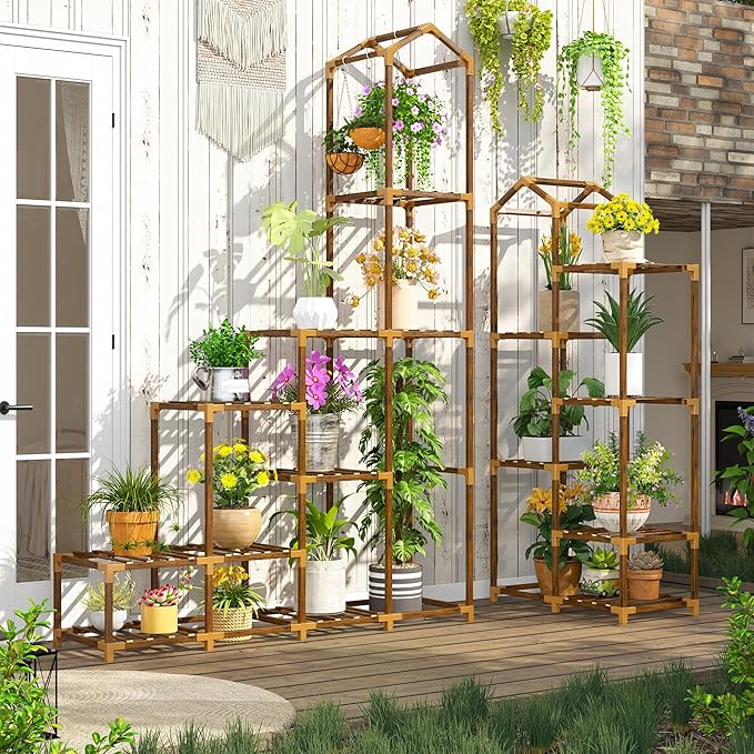 EnHomee 73.6" H Plant Stand Indoor Outdoor Tall Plant Shelf for 17-23 Pots Corner Tiered Plant Stands for Multiple Plants Wood Hanging Plants Holder for Garden Balcony Patio Window Porch