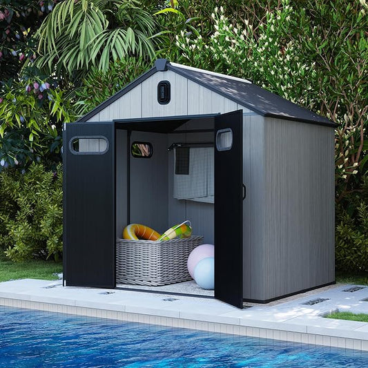 Domi 8x6Ft Resin Outdoor Storage Shed, Plastic Garden Shed with Carpet, Outside Weatherproof Storage Building for Tools, Bike, Lawn Mower, Patio, Backyard