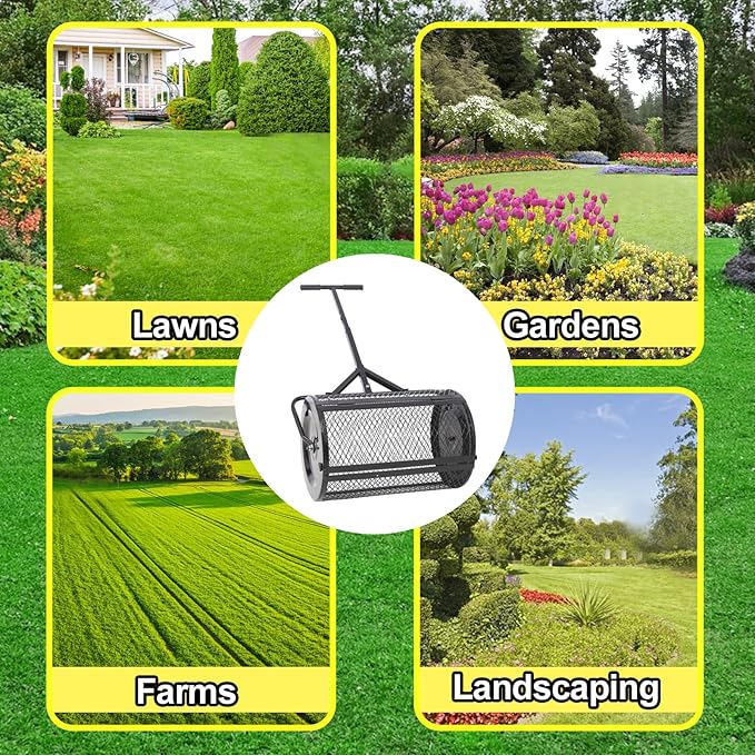 Peat Moss Spreaders for Lawns Compost Spreader Roller 24 x16 Inch Heavy Duty Metal Mesh Dirt Topsoil Spreader for Planting Seeding Garden (24"/41.7"-49.6" L, Black)