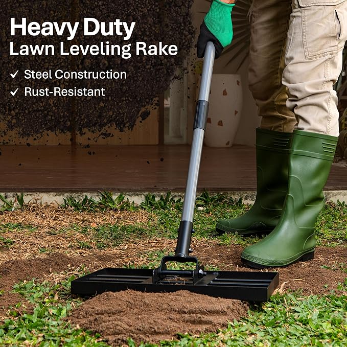 Lawn Leveling Rake with Work Gloves - Heavy-Duty Yard Leveling Rake - 17" X 10" Lawn Leveler Rake with 6.5ft Adjustable Pole - Quick to Assemble Rakes for Lawns and Garden