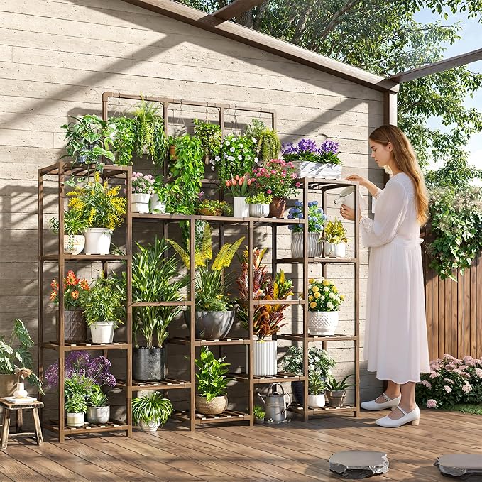 EnHomee Plant Stand Indoor Tall Plant Stand Outdoor Large Wood Plant Shelf Indoor for 22 Pots Plants,4-tiers Plant Holder for Patio Living Room Gardening Balcony, 55.9" Wx63.1 Hx11.78 D