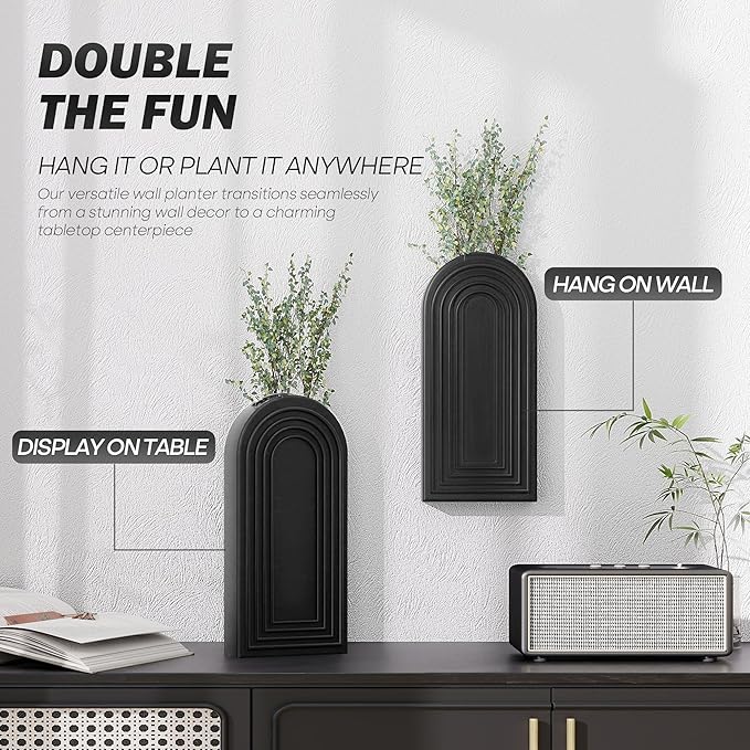 EOSAHR Pine Wood Wall Vases Set of 2 – Modern Wall Decor & Hanging Planters for Indoor Plants – Boho Home Decor Accent with Rustic Charm for Living Room, Kitchen & Bedroom (Black)