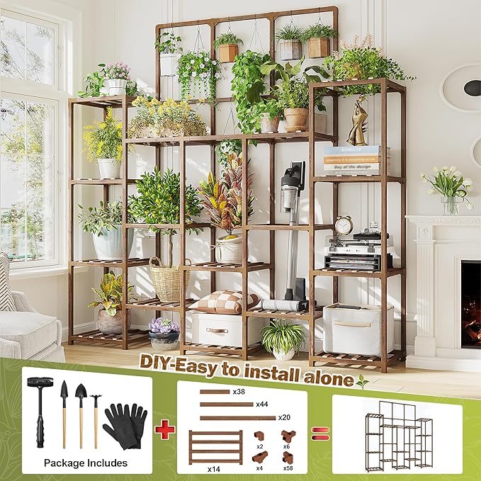 EnHomee Plant Stand Indoor Tall Plant Stand Outdoor Large Wood Plant Shelf Indoor for 22 Pots Plants,4-tiers Plant Holder for Patio Living Room Gardening Balcony, 55.9" Wx63.1 Hx11.78 D