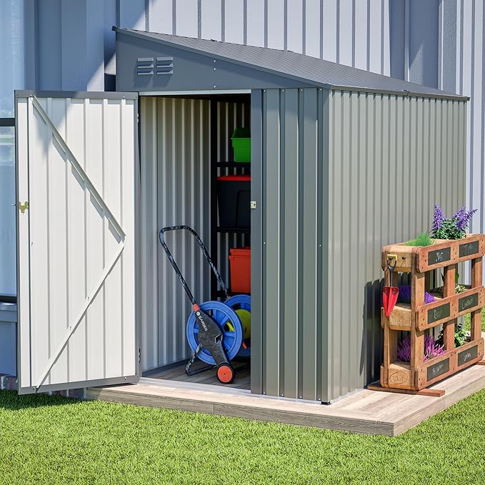 4×7 FT Outdoor Metal Storage Shed,Heavy-Duty Lean to Storage Shed with Lockable Door and Reinforced Beams,All Weather Waterproof Storage House W/2 Air Vents,for Backyard,Patio,Lawn,Gray