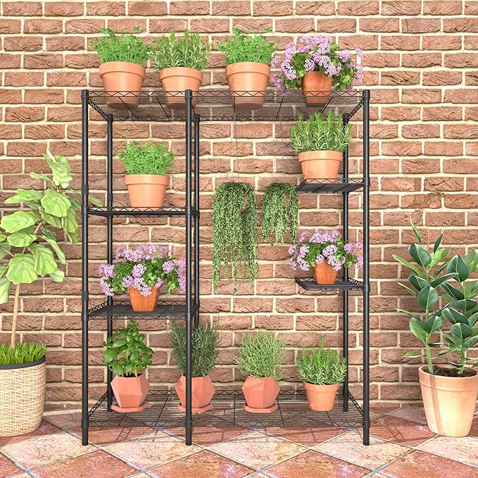 Xiofio 8-Tier Plant Stand for Indoor Outdoor, Large Plant Shelf Rack, Plant Stand Indoor Multiple,Adjustable Flower Stand for Bedroom, Living Room, Balcony, Garden, Black