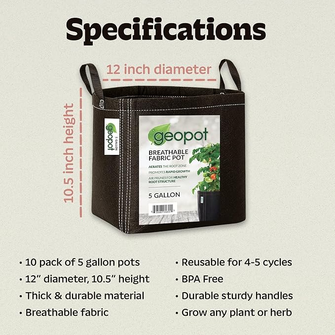 GeoPot 5 Gallon Fabric Grow Bags with Handles - 10-Pack - Breathable, Aerated, Portable - Black - Ideal for Vegetables, Herbs, Flowers & Houseplants - Indoors & Outdoors