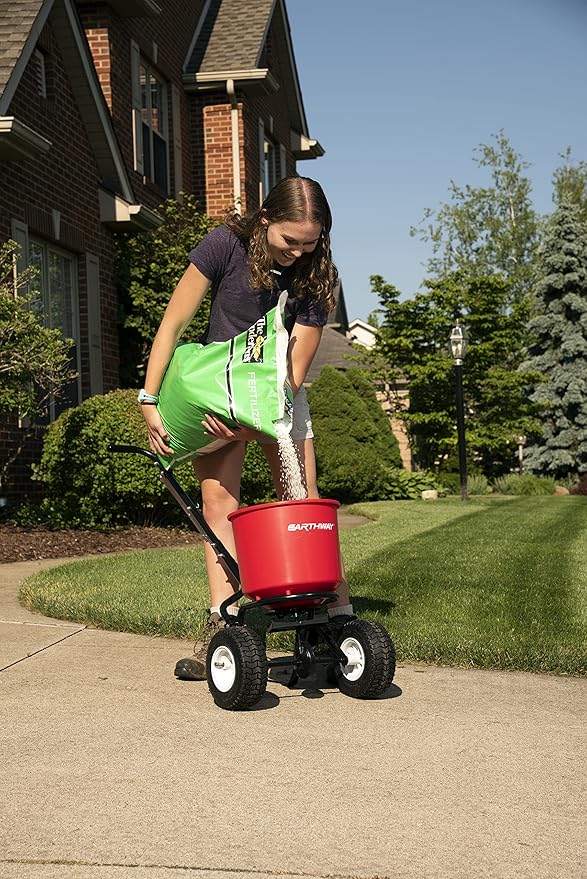 EarthWay 2600A-PLUS Spreader Lawn Aerator & Fertilizer Spreader, 40lb Hopper Capacity, Red, Durable, All Terrain Pneumatic Tires, Rust-Proof Polypropylene, Epoxy Coated Steel Frame