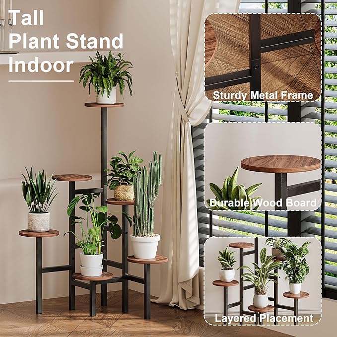 6 Tier Corner Plant Stand Indoor Outdoor, Tall Large Plant Shelf for Multiple Plants, Tiered Flower Pot Holder, Metal Display Plant Shelves for Living Room, Balcony, Patio, Garden(Walnut Brown)GPS514DB