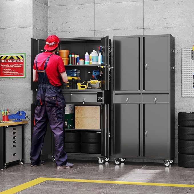 Garage Storage Cabinet with Wheels and Doors,71" H Metal Storage Cabinet with Pegboard and 2 Drawers for Garage, Warehouse,Home,Required Assembly,Black