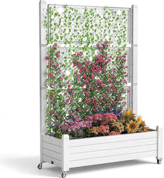 EasyUp Raised Garden Bed with Trellis for Climbing Plants,Outdoor Herb Garden Planter with Drainage Plug and Gauge,Durable Dust-Proof Resin for Garden, Patio, Balcony, and Backyard