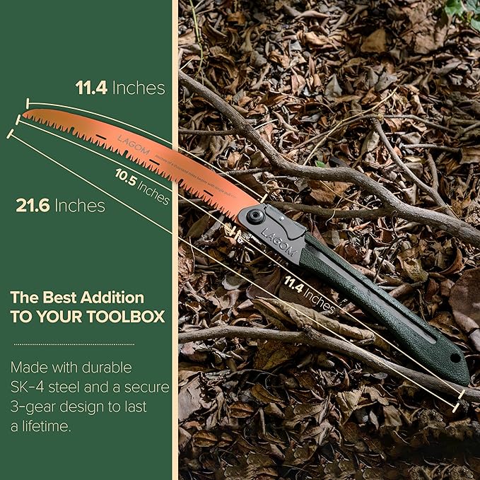 LAGOM Folding Camp Saw for Cutting Branches, 11.4" Curved Blade | SK5 Steel, Ergonomic Handle, One-Hand Use, Secure Lock | Foldable Pruning Tool for Camping, Gardening, Survival, Kayaking, Outdoors