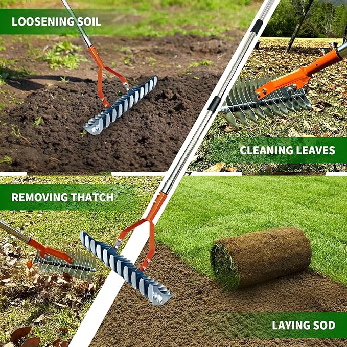 Thatch Rake,14" Wide 21-Tines Sturdy Garden Dethatcher Rake,Heavy Duty Ergonomic Adjustable Stainless Steel Handle;Durable Versatile Head for Removing Dead Grass and Leaves Clippings, Loosening Soil