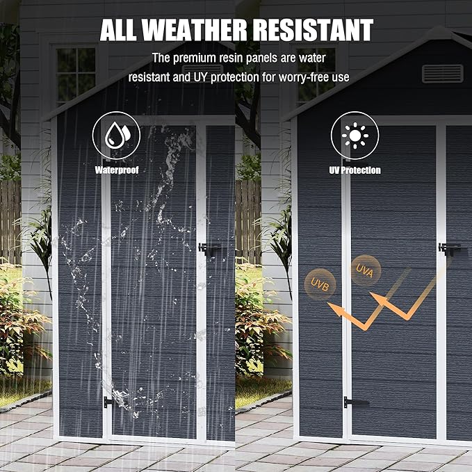 Resin Storage Shed 6x6ft, Outdoor Storage Sheds with Floor, Window, Lockable Doors and Vents, 12mm Thick pp Board, Tool Shed for Bike, Garden, Backyard, Lawn (Dark Gray, 6 * 6ft)