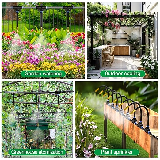 Mixc 50Ft 1/4" Drip Irrigation System,Garden Irrigation Kit with 12pcs 360° Adjustable Copper Nozzles,Automatic Watering System for Outdoor,Raised Bed,Potted Plant,Greenhouse Accessories for Yard
