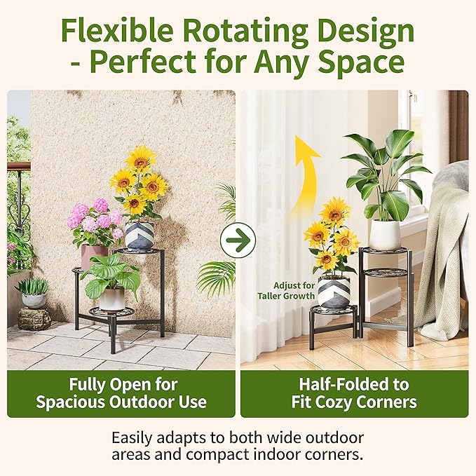 Metal Plant Stand Outdoor Indoor, 3 Tier Foldable Corner Tall Plant Shelf for Multiple Plants Flower Pot Holder Display Stand for Living Room Balcony Garden Patio -BlackS