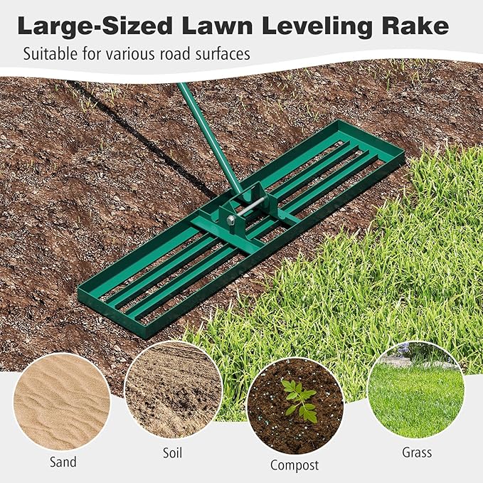 42" x 10" Lawn Leveling Rake, Heavy Duty Landscape Rake with 67" Handle, Non-Slip Grip & Flat Head, Space-Saving Lawn Level Tool for Garden, Backyard, Golf Course & Sports Field(Green)