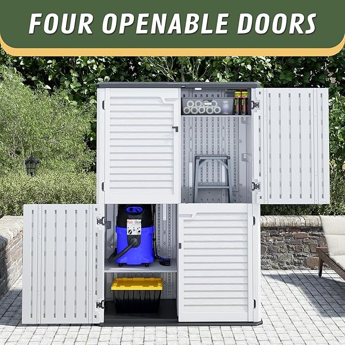 KAMABOKO Outdoor Storage Cabinet 61 Cu.Ft Outdoor Trash Can Storage Shed Waterproof Horizontal Storage Shed Outdoor Storage for Backyard, Patio, Poolside (White)
