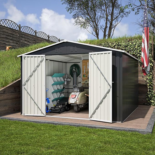 10x10 FT Outdoor Storage Shed, Large Metal Garden Shed with Lockable Hinged Doors, Outside Tool Shed with Sloped Roof & 4 Air Vents, Waterproof Storage Building for Backyard, Patio, Lawn, Black