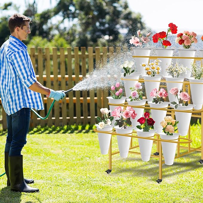 Floral Display Stand with 16 White Flower Baskets, 4-Layers Cart Display Stand with Wheels ,Sturdy Mobile Flower Bouquet Rack for Courtyard, Garden, Flower Shop, Living Room, Balcony, with Lockable Rotating Wheels (Gold)
