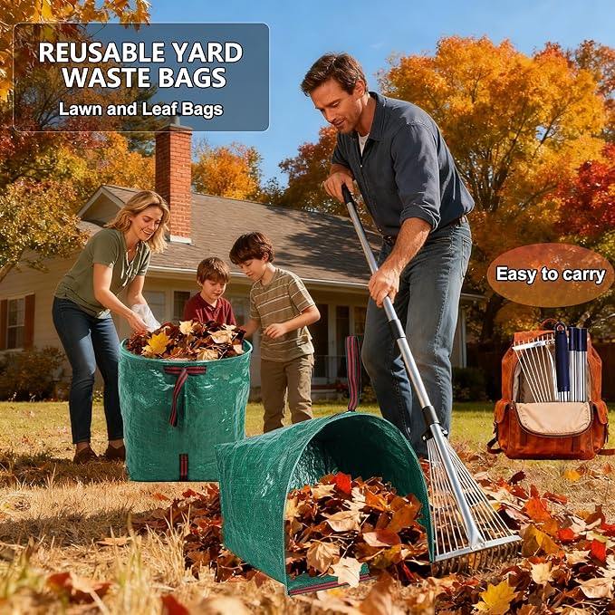 Rake for Leaves, Adjustable Small Leaf Rakes for Lawns, 53 Gallon Reusable Yard Waste Bags with Reinforced Carry Handles, Metal Leaf Rake for Yard, Gardening Outdoor Camping Grass Weed