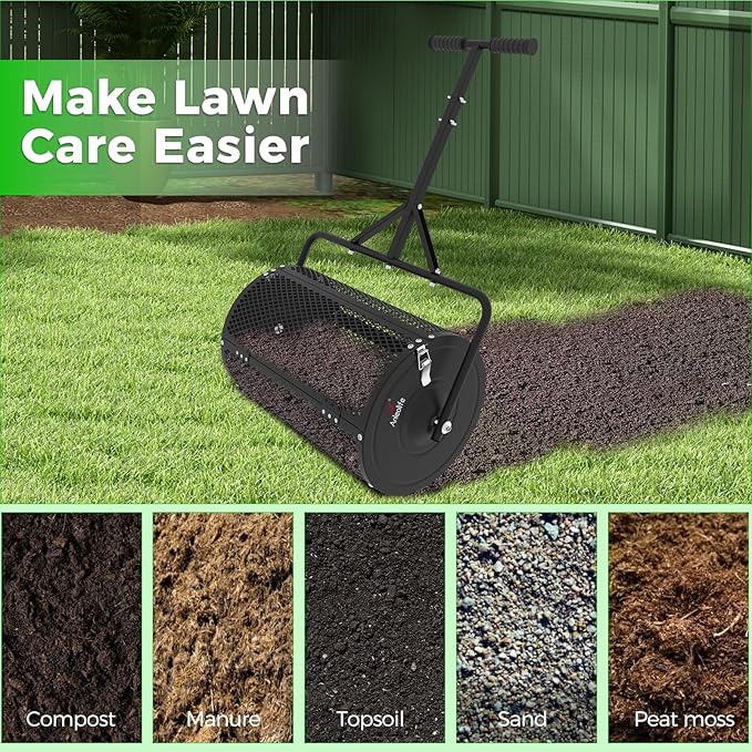 A ANLEOLIFE 24 Inch Compost Spreader, Lawn and Garden Peat Moss Roller with Side Latches, 24-31.1" Height Adjustable Handle, Metal Mesh Basket for Spreading Topsoil, Manure, Mulch, Black