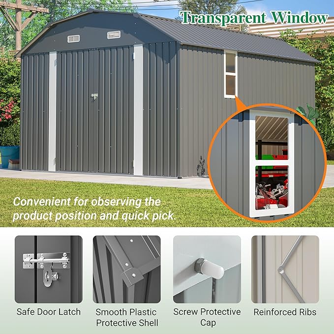10×12 FT Outdoor Storage Shed,Heavy-Duty Metal Shed with Floor Base,All Weather Waterproof Tool Shed W/Diamond Roof & Windows,Lockable Double Door & 4 Air Vents,for Backyard,Patio,Lawn,Gray
