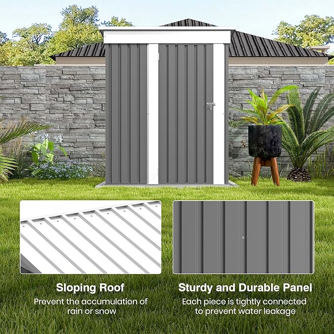 Patiolife 5x3 FT Outdoor Storage Shed, Metal Shed with Lockable Door & Sloping Roof, Steel Tool Shed for Backyard Patio Lawn, Grey