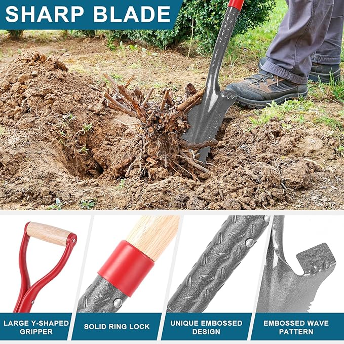 Drain Spade Garden Digging Serrated Shovel Root Saw Spades with Wooden Handle for Digging, Cutting Roots,Transplanting,Trenching, 44 inches
