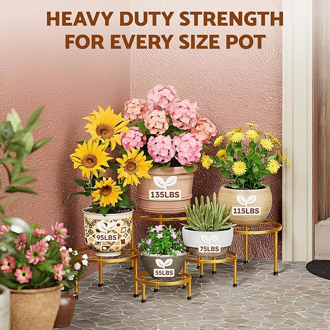 5 Pack Metal Plant Stands Indoor Outdoor,Potted Holder for Flower Pot,Heavy Duty Flower Pot Stands for Multiple Plant,Balck Potted Plant Holder for Garden Home(GoldKite)