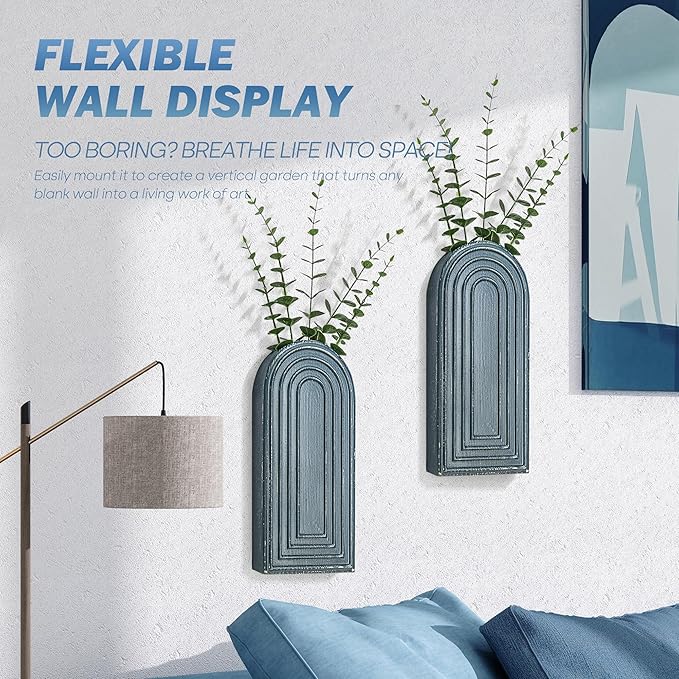 EOSAHR Pine Wood Wall Vases Set of 2 – Boho Decor Wall Planters for Indoor Plants & Flowers – Farmhouse Hanging Vases for House Decorations Living Room, Bedroom, Kitchen & Office (Denim Blue)