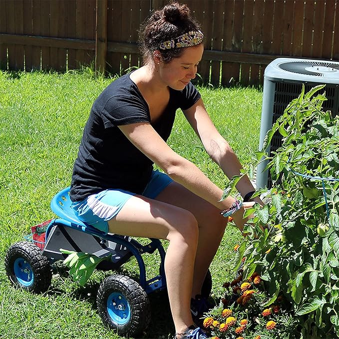 Sunnydaze Rolling Garden Cart with Seat - Garden Stool with Wheels and Adjustable 360-Degree Swivel Seat - Utility Tool Tray and Storage Basket - Blue